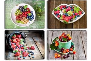Piy Painting 4x Tableau de Fruit Frais Haute qualité Image Cerises Impression sur Toile Fraise Prêt accrocher Parfait pour Salle de Bain Chambre Myrtille Décor Mural Cadeau Anniversaire 30x40cm chez