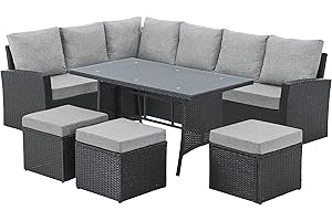 EVRE 9 Seat Marilyn Corner Sofa & Dining Rattan Garden Furniture Set for Indoor Outdoor Patios Gardens Conservatories (Black)