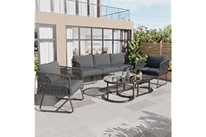 Oslghy Conjunto Jardín Exterior, Conjunto Terraza de Muebles de Balcón Lounge 5 Piezas, Salón de Jardín, Mueble Conjunto de Patio para 5 Personas con Tablero de Cristal Liso, Pies Ajustables (Gris)