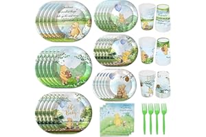 AURORAPARTY 168pcs Winnie Bear Baby Shower Table Decorations Pooh Plates Napkins Birthday Party Supplies Paper Tableware Set Cups Watercolor Vintage Boys Newborn Kids for 30 Guests (Blue W-168-01)