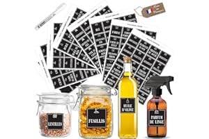 KISTAYLE Étiquettes Garde-Manger Français – 160 Stickers Carrés Blancs Autocollants – Bocaux Cuisine & Produits d’Entretien – Marqueur Blanc Inclus