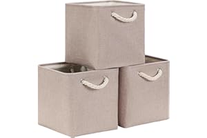 Mangata Cajas de Almacenaje, Cestas Almacenaje de Tela para Ropa, Armarios, Estantes, Juguetes, 28x28x28 cm (Plegable, 3X, Blanco Caqui Claro)
