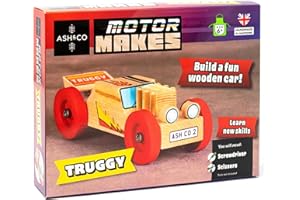 Ash & Co Motor Makes Build a Wooden Car | Woodwork Kit for Kids | Fun Craft kit for Boys and Girls Age 6+ (Truggy/Red)