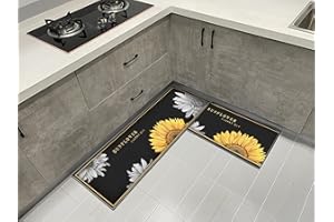 HZVRTN Tappetino da cucina antiscivolo, 2 pezzi, lavabile, con adesivo per il chiebeadesivi, set di tappeti da cucina, antipolvere, motivo girasole nero