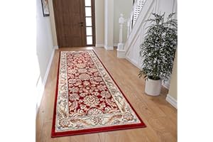 Hanse Home Reni - Alfombra Oriental clásica de Tejido denso con Adornos y Motivos Florales, Pelo Corto Suave para Dormitorio, Comedor, salón, Pasillo, Color Rojo y Crema, 80 x 240 cm