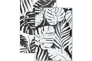 Relsy Outdoor Rug Waterproof Reversible Extra Large 180 x 270 cm Garden Rug, Black & White Tropical Leaf Area Rugs For Garden Outdoor Patio Rug, Camping Mat, Deck, Backyard, Picnic