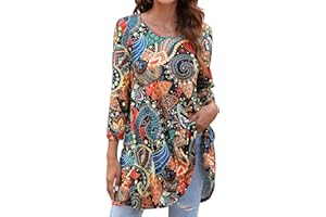 Enmain Womens Tunic Top 3/4 Long Sleeve Tunics for Women UK Plus Size Round Neck Longline Tops for Leggings Ladies Swing T Shirt Casual Loose Stretch Comfortable Blouses Shirts S-5XL