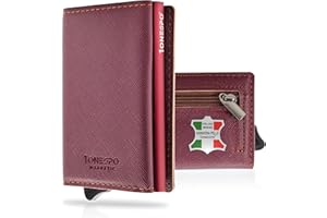1ONESPO MAGNETIC Porta Carte di Credito Donna VERA PELLE - Portafoglio donna piccolo con Portamonete e Contanti -Porta tessere e documenti - Portacarte protezione RFID, SAFFIANO Bordeaux