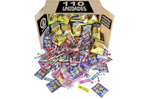 Caja de 110 Chuches, Golosinas y Chucherías Houstand. Para Cumpleaños, Piñatas, Fiestas Infantiles, Navidad, Halloween. Hasta 10 Bolsas de Chuches. Surtido Envuelto Individualmente (MEGA BOX 110 UDS)