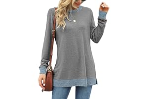 WNEEDU Mujer Camisetas de Manga Larga Sudadera con Cuello Redondo Blusas Sudadera Túnica Tops Informal