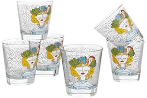 Baroni Home Juego de 6 Vasos de Agua con Decoración Colorida Estampada, Vasos de Cristal de Colores Fabricados en Italia, Vasos Lavables en Lavavajillas, 25 cl, Lady City