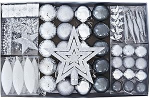 Heitmann Deco Ozdoby Choinkowe Zestaw z Czubkiem Choinkowym, Bombkami, Łańcuchami Perłowymi i Girlandami, Tworzywo Sztuczne, Srebrne, 60 Elementów