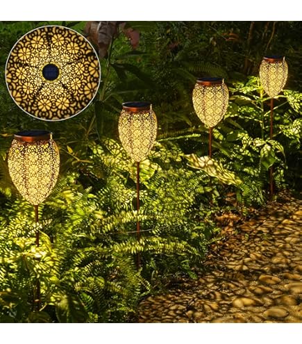 JOYCREATOR Zonnelampen voor buiten, tuin, 4 stuks, oosterse tuin, zonnelampen voor buiten, metaal, IP65 waterdicht, led-tuinverlichting, brons, 52/69 cm, met grondpen, voor balkon, terras