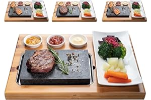 BEEFSTONE Juego de tabla de piedra de lava caliente para carne, parrilla de piedra caliente, juego de tabla de bambú y placa de porcelana, carne, pescado a la parrilla sobre piedra caliente (4 x Uno)