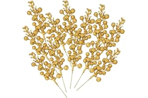 Whaline 12Pcs Christmas Glitter Berries Stems 8.3 Inch Artificial Fruit Berry Picks Holly Berry Twig for Xmas Tree Ornament DIY Craft Christmas Wreath Garland Winter Holiday Decoration, Gold