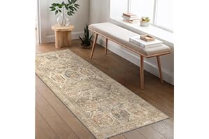 BEIMO Bedroom Area Rug 80x150 cm, Washable Non Slip Low Pile Soft Indoor Carpet, Easy Care, Vintage Boho Floral, Beige Retro Geometric Tree