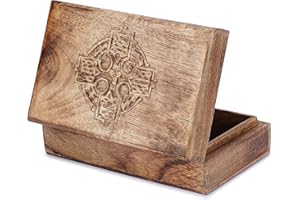 Ajuny Handmade Wooden Jewellery Box with Cross Design – Carved Mango Wood Keepsake Trinket & Memory Storage, Rustic Treasure Chest Organiser, Decorative Gift for Men & Women - 8X5 inch