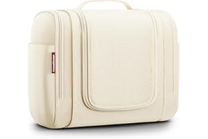 Travelaner Comfort Neceser de Viaje [Diseño 2025] - Neceser Colgante con 7 litros de Espacio para Mujeres, Hombres y Niños | Bolsa de Aseo y Maquillaje Organizador (Beige Crema)