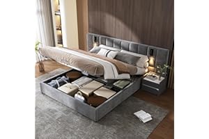 JOVIFY Upholstered Ottoman Bed, Hydraulic Storage Bed with Directional Lamp and USB Charging, 5ft King Size Bed Frame with Wide Headboard, Velvet Grey LED Gas Lift Ottoman Bed With Storage & Wooden Slats