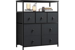 EnHomee Fabric Chest of Drawers Bedroom, 2 Tier Wooden Shelf with 7 Drawers Dresser Easy to Assemble, Tall Fabric Drawers Storage Unit for Closet, Nursery, Living Room, Black Grey