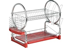 Premier Housewares 2 Tier Dish Drainer, Dish Rack with Drip Tray, Sink Caddy - Chrome/Red
