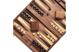 Ensemble de Backgammon Pliant Lingle 36,83 cm en Noyer Naturel Premium, idéal pour Adultes et Enfants. Comprend 30 pions en Corne Artificielle, 2 Coupes à dés en Noyer et 5 dés en Bois