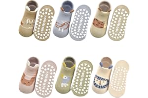 HYCLES Dziecięce antypoślizgowe skarpety z uchwytem, 6 par, dla chłopców i dziewczynek, małe dzieci, antypoślizgowe, śliczne skarpety z kreskówki, zwierzęta, 0-5 lat