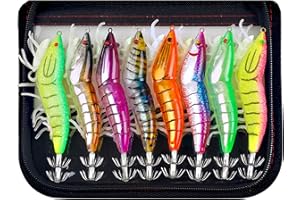 OROOTL Glow Squid Jig Hooks Fishing Lures Saltwater, 8pcs/Bag Luminous Squid Jigs Shrimp Prawn Lures Set Fluorescent Squid Cuttlefish Sleeve Jig Artificial 3D Octopus Jigs
