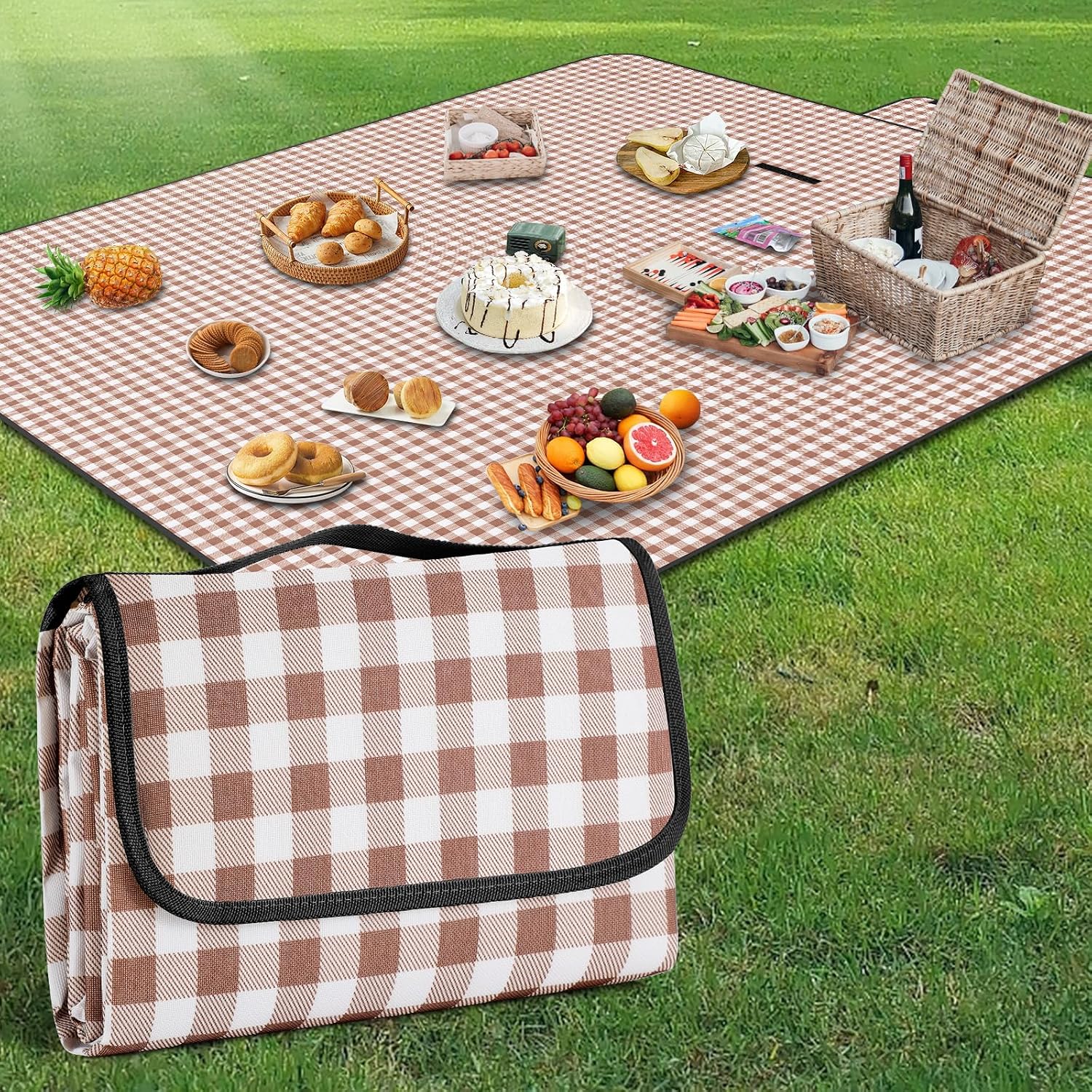 YAOMAISI Cómoda manta de picnic, manta de playa grande de 200 x 200 cm, manta de camping, con asa, fondo impermeable, lavable a máquina, manta de senderismo plegable al aire libre suave y portátil (re