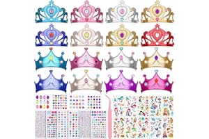 SPOKKI 16 PCS Foam Crown Golden Party Hats with 10 Packs Tattoo Stickers，1500 Pieces Gem Stickers Jewels Stickers Rhinestone Numbers Crafts, Crown Party Making Kit and Crystal Stickers Self (B)