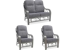 DESSER & CO LTD THE HOME OF RATTAN FURNITURE SINCE 1919 Desser Madrid Grey Cane Conservatory Furniture Set – 2 Seater Sofa & Set of 2 Armchairs - Cane Rattan Indoor Conservatory Furniture with UK Made Earth Grey Cushions – AquaClean Fabric