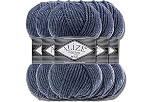 ‎HOBBY YARN Alize 5 x 100g Superlana Maxi Türkische Premium Wolle Baumwolle und Acryl Uni Handstrickgarne | Yarn | Garn | Strickgarn Einfarbig Baby zum Häkeln Stricken Kleidung Schals (Denim Melange | 203)