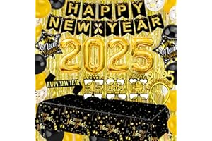 Abitoncc Happy New Year Decorations 2025 Happy New Year Banner Black and Gold New Year Balloons Happy New Year Glasses 2025 New Year Table Cloth New Years Eve 2025 Decorations
