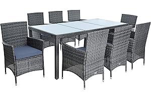 ‎ESTEXO ESTEXO Polyrattan Garden Furniture Set for 8 People, Rattan Furniture, Garden Set, Rattan Dining Set, Garden Chairs, Garden Table, Stool Chair with Cushion (Anthracite Grey)