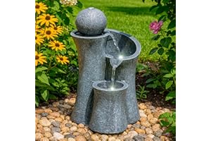 GEEZY Garden Water Feature – Ball Fountain with LED Lights & Sphere – Mains Powered, Self-Contained, Indoor & Outdoor – Easy Setup, Relaxing & Cascading – Perfect for Garden, Patio & Balcony Decor