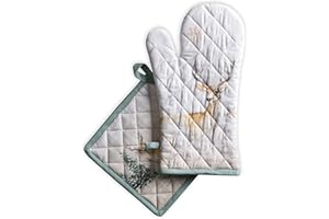 Maison d' Hermine Rękawica kuchenna + uchwyt na garnek 100% bawełniane rękawice kuchenne (19 cm x 33 cm) i uchwyty na garnki (20 cm x 20 cm), szef kuchni, kobiety i mężczyźni, jeleń w lesie - Święto