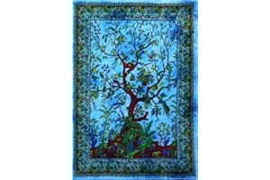 THE ART BOX Grande arazzo da Parete Albero della Vita - Telo Mare Indiano, Etnico - 100% Cotone - copridivano/copriletto, Pareo, Multiuso, 75x100 Cm, Turchese