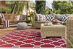 Lord of Rugs Indoor Outdoor Rug Terrace Spanish Tile Pattern Garden Trellis Patio Living Room Kitchen Flatweave Rug Bordeaux X-Small 60x120 cm (2'x4')