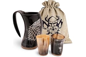 VIKING CRAFT® Jarra Con Cuerno de 600 ml - Jarra Grande Fenrir y 2 Vasos Vikingos Para Aguamiel - Decoración Medieval, Juego de Cuerno, LARP, Cuencos