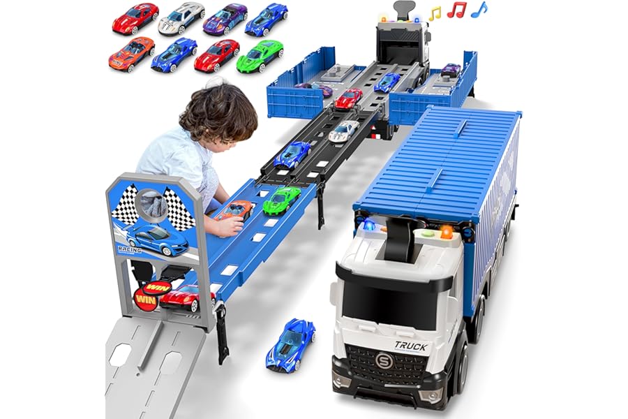 Transport Truck Toys Cars for Boys,Portable Truck Toy with 8 Race Cars,Birthday Gifts Carrier Vehicles Toys Set for Kids Age 3 4 5 6 7 8 9 10-12+ Year Old Boys Girls