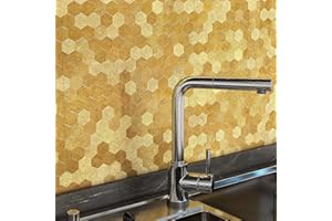 VAOVI Metaliczne złote naklejki na płytki kuchenne, samoprzylepne naklejki 3D, odklej i przyklej, płytki ścienne, metalowa mozaika, płytki odporne na wysokie temperatury (heksagon, 10 arkuszy)