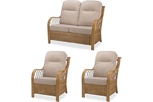 DESSER & CO LTD THE HOME OF RATTAN FURNITURE SINCE 1919 Desser Viola Light Oak Rattan Conservatory Furniture Suite – 2 Seater Sofa & 2x Armchairs – Fully Assembled Indoor Luxury Real Cane Wicker Chairs & Settee Suite with UK Made Cushions - Biscuit Fabric