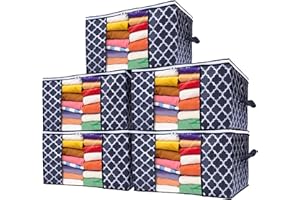 Stackzy Large Clothes Storage Bags – Sturdy Fabric Closet Organiser – Foldable Storage Solution for Closet or Underbed – Storage Bin with Reinforced Handles – 5pcs, Striped 90L Capacity