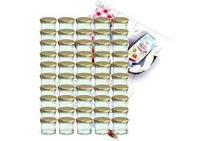Lot de 50 bocaux MamboCat - En verre incassable - Contenance de 125 ml - To 66 - Avec couvercle doré - Idéal pour confiture - Avec livre de recettes de gelées (français non garanti)