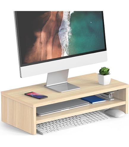 Support De Moniteur En Bois D'ingénierie - 50x27x15 Cm, 2 Compartiments, Capacité 25 Kg - Pour Bureau