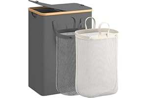 REIBII 154L Laundry Basket with Lid, Washing Basket for Laundry Collapsible Laundry Baskets 2 Compartments with Bamboo Handles & 2 Removable Bags, Foldable Large Laundry Hamper, Grey