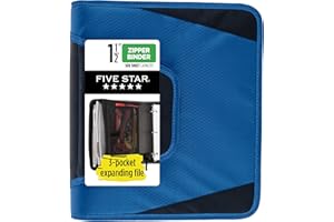 Five Star Segregator na zamek błyskawiczny, 3-pierścieniowy segregator do szkoły, 3-kieszeniowy rozszerzany pilnik, pojemność 500 arkuszy, niebieski (72202)