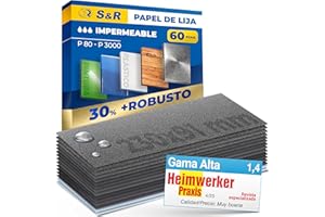 S&R Papel de Lija de Agua para Coches Madera Metales Porcelanico. Papel Impermable 60 pzas - Grano : 80/120/ 150/180/ 240/320/ 400/600/ 800/1000/ 1200/1500/ 2000/2500/ 3000