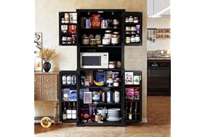 HOLTICO Kitchen Pantry Cupboard, Storage Cabinet With Doors and Adjustable Shelves, Tall Floor Cabinet for Kitchen, Living Room, Dining Room, Black