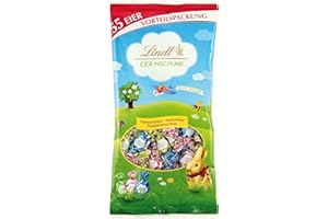 ‎LINDT Lindt Schokolade Osterbeutel Mix | 288 g | Eiermischung mit 25 x Alpenmilch Mini Ei, 15 x Double Lait Mini Ei, 15 x Nusscreme Mini Ei | Oster Schokolade für Kinder | Schokoladengeschenk | Ostereier
